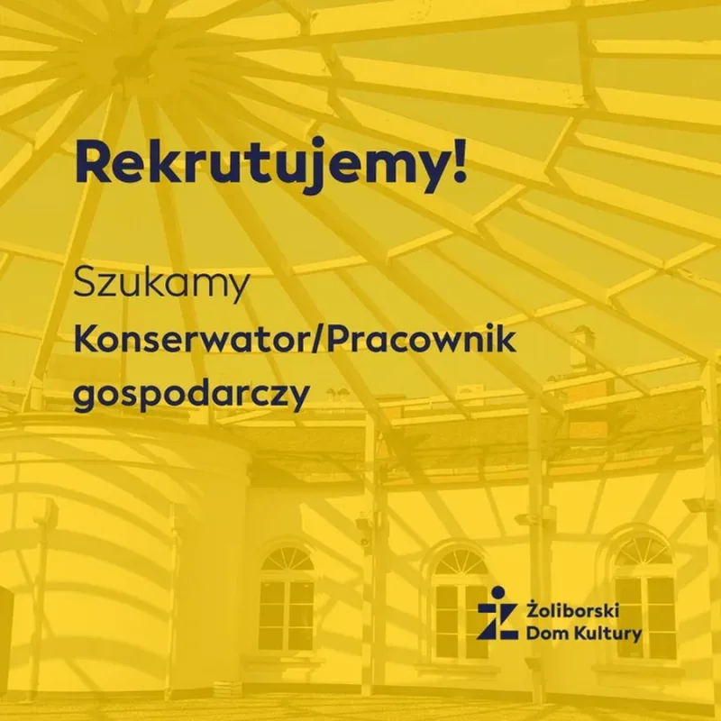 Żółta grafika z napisem: Rekrutujemy! Szukamy konserwatora / pracownika gospodarczego