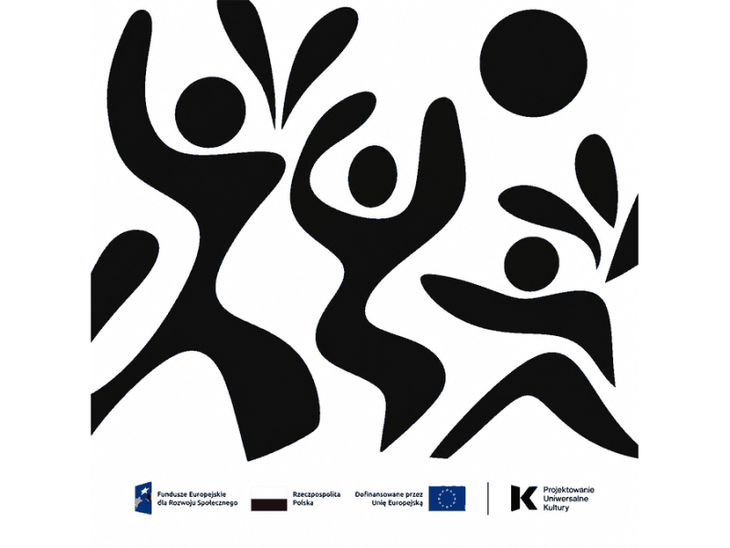 Czarne sylwetki tańczących postaci na białym tle, pod nimi logotypy Funduszy Europejskich i programu Projektowanie Uniwersalne Kultury